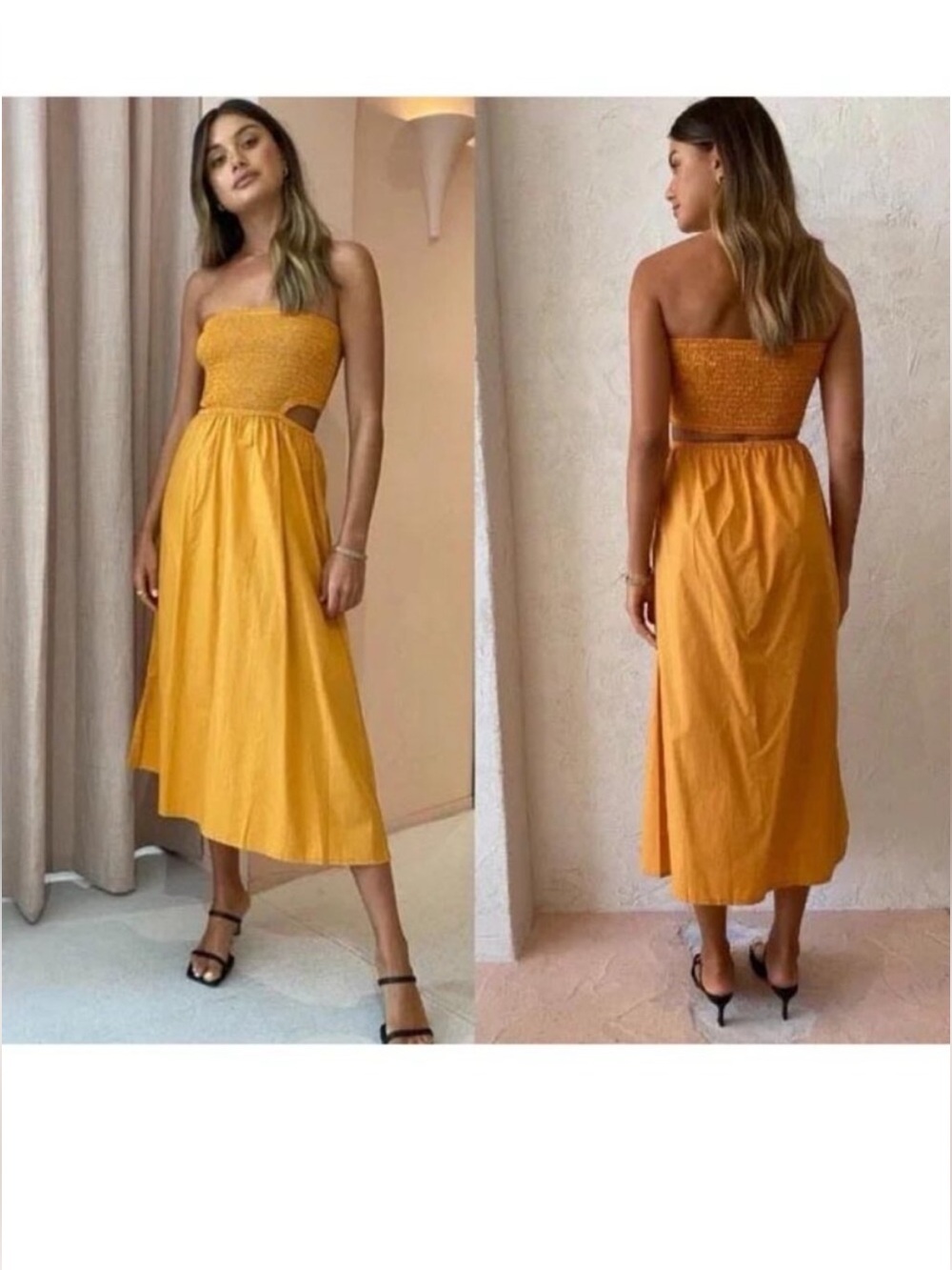 Faithfull the Brand Yellow Strapless Smocked Midi Skirt